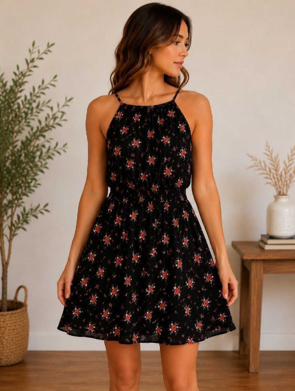 Justify Black Floral Mini Dress | Smocked Waist